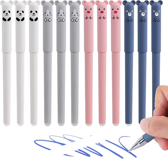 RIANCY 0.4mm Erasable Gel Pens,12 Pack Cute Cartoon Animal Rollerball Gel Ink Pens Refillable Pens for Adult Writing Kids Calligraphy Note Taking (12 Blue Ink)