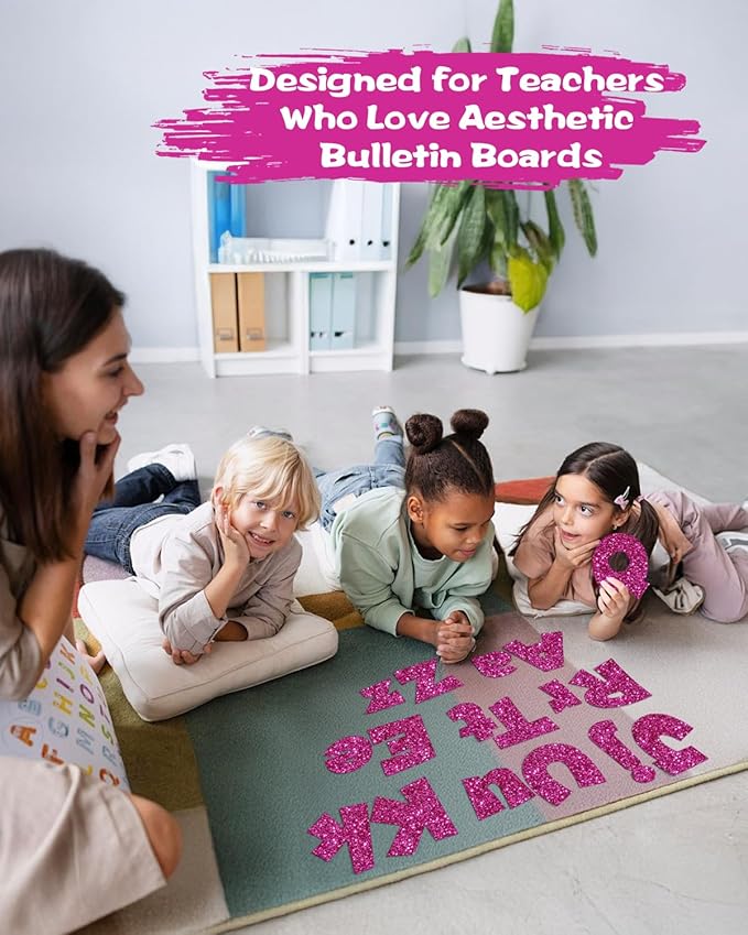249 Pcs Glitter Bulletin Board Letters Numbers and Punctuation, 4 Inch Alphabet Poster Board Cardboard Letter Cutouts with Adhesive Dots for Classroom Bulletin Board School Decorations (Hot Pink)