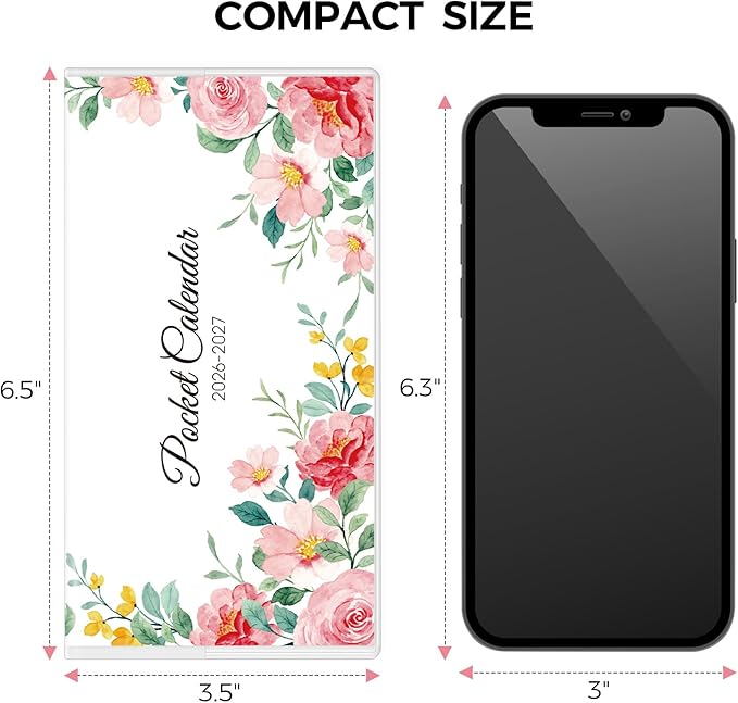 Pocket Calendar 2026-2027 for Purse, 2026-2027 Pocket Planner 24 Months with Soft Waterproof Cover and Premium Paper, 6.5" x 3.5", Floral