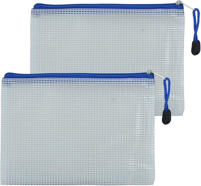 2 PCS Mesh Zipper Pouch Bags, Plastic Water-Resistant File Bags, for Office, School, Board Game, Puzzles, Travel Accessories, and Home Organization (Blue, 7.48 x 5.51 in)