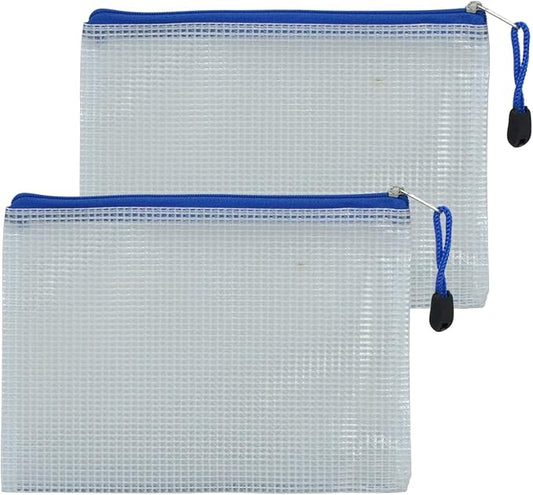 2 PCS Mesh Zipper Pouch Bags, Plastic Water-Resistant File Bags, for Office, School, Board Game, Puzzles, Travel Accessories, and Home Organization (Blue, 7.48 x 5.51 in)