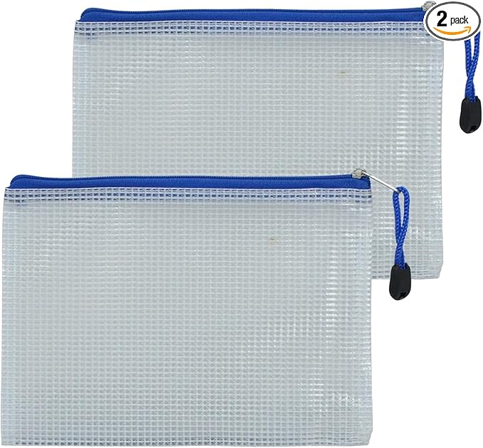 2 PCS Mesh Zipper Pouch Bags, Plastic Water-Resistant File Bags, for Office, School, Board Game, Puzzles, Travel Accessories, and Home Organization (Blue, 7.48 x 5.51 in)