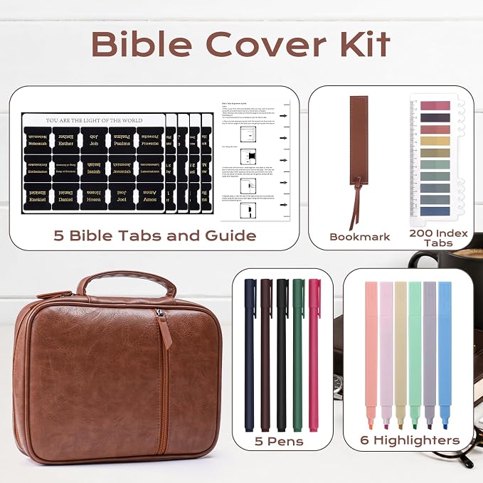 XKDOUS Leather Bible Cover Book Carrying Case Classic Church Bag Holder Portable Study Supplies Organizer with Handle, Pockets Father Day Christian Gift for Dad, Men, Women, Friends