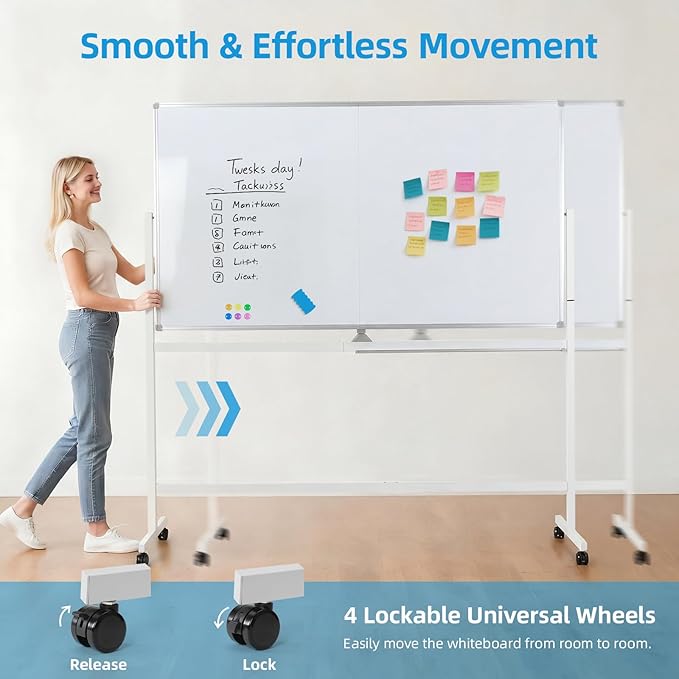 VOWNER Double-Sided Magnetic Whiteboard, 72" x 40" Large Mobile Dry Erase Board, Reversible Rolling White Board with Aluminum Frame & Stand, for Home Office, Classroom, School, White