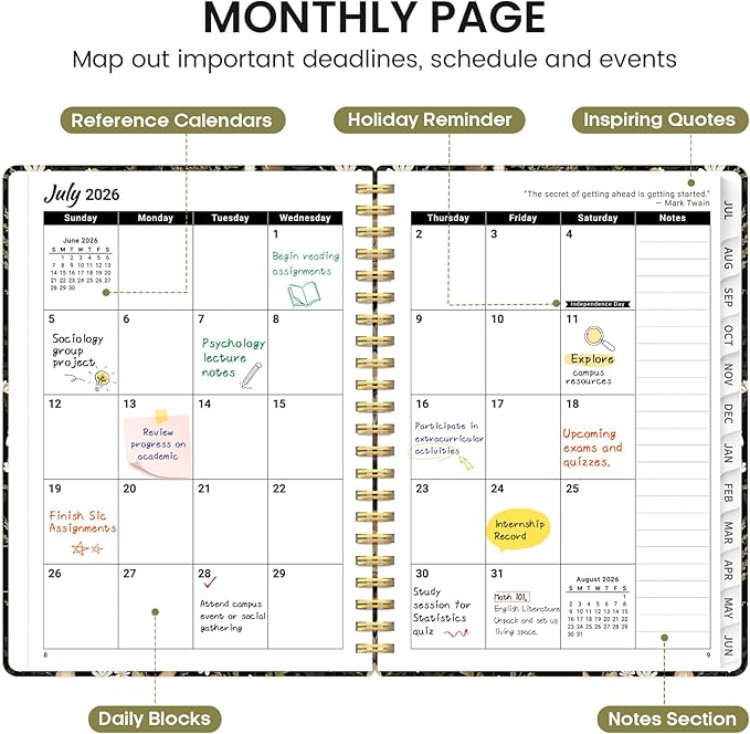 Planner 2026-2027, Academic Monthly and Weekly Calendar Planner for Women, July 2026 - June 2027, Hardcover Pretty Agenda Planner Book with Tabs, Spiral Daily Organizer for School Office Home Supplies, 8.5" x 11" - Mushroom