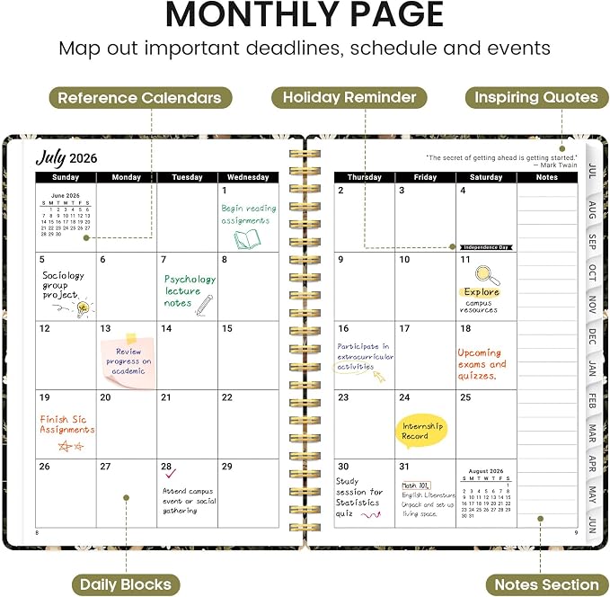 Planner 2026-2027, Academic Monthly and Weekly Calendar Planner for Women, July 2026 - June 2027, Hardcover Pretty Agenda Planner Book with Tabs, Spiral Daily Organizer for School Office Home Supplies, 6.3" x 8.5" - Mushroom