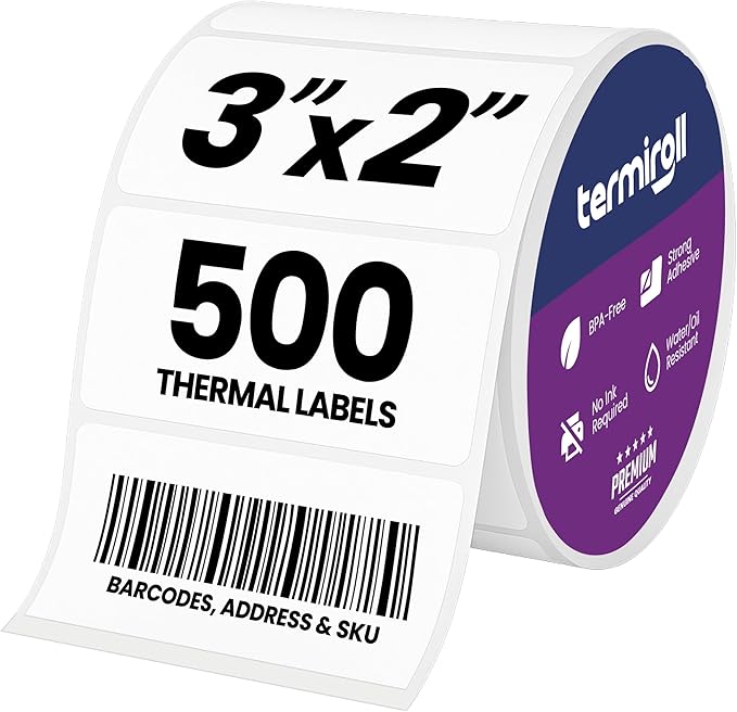 3x2 Direct Thermal Barcode Labels (500/Roll), Perforated Product & Inventory Stickers 76x51mm, Strong Adhesive with Clean, Clear Prints, Compatible with Rollo, Zebra, Munbyn, iDPRT & Jadens