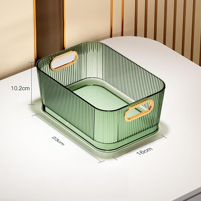 POCREATION Acrylic Storage Bin Clear Green Transparent Desktop Organizer with Convenient Handle for Skincare Products Cosmetics Accessories (M (23x16x10.2cm/9.06x6.30x4.02in))