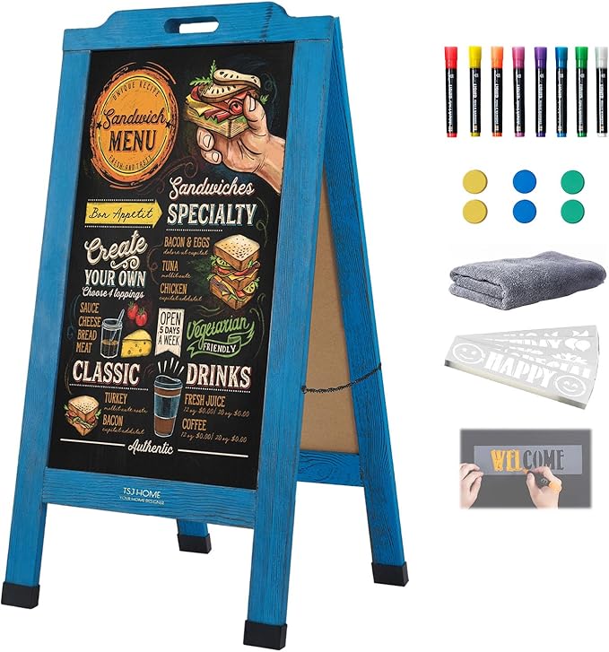 Magnetic Portable A-Frame Chalkboard Signs, 40" x 20" Large Wood Sandwich Board Signs Outdoor, Double-Sided Sidewalk Standing Chalk Board for Business, Wedding, Vendor Display, Coffee Shope - Blue