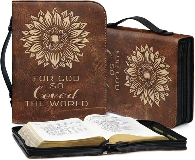 Retro Style Cross Sunflower Bible Case with Bookmark Waterproof Bible Cover Case for Women Lightweight Bible Bag with Handle Pockets Church Book Bag Brown
