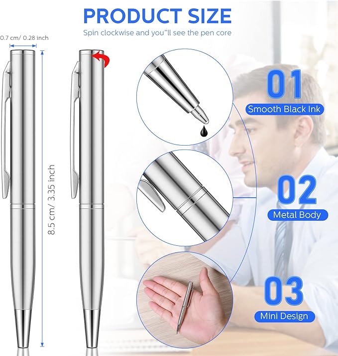 Chinco 16 Pcs Silver Mini Pens Bulk Small Ballpoint Pen Metal Stainless Steel Point Pens Pack with Copper Fittings for Pockets Notebook Notepads Office School Business Work Writing 3 Inch