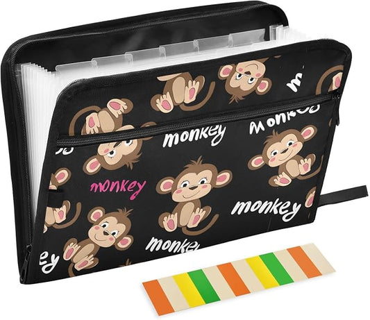 ALAZA Monkey Black Cartoon 13 Pocket Expanding File Folder with Labels, Accordion File Folder File Organizer Letter A4 Paper for Office School Student