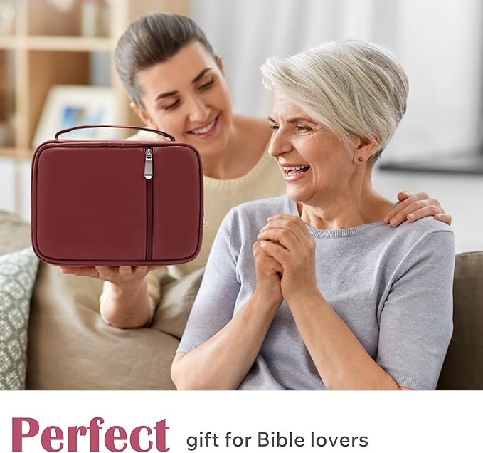 Small Bible Cover Case for Women and Men, 9x6 PU Leather Bible Sleeve, Compact Travel Bible Carrier Bag with Front Pen Holders, Zipper Closure, Inner Pockets - Burgundy Red