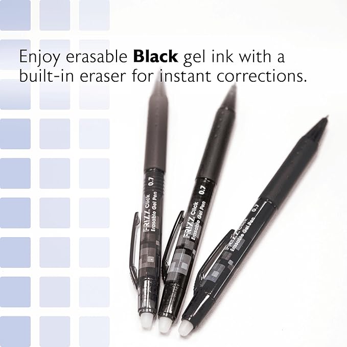 BAZIC PRODUCTS Frizz Retractable Erasable Gel Pens, 0.7mm Medium Point, Black Ink, Comfort Grip for Smooth Writing Drawing Planner, 24-Pack