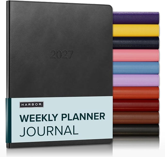 Harbor Weekly Journal Notebook Planner 2027 - Lined, Durable Faux Leather, Softcover, 176 Quality Pages - For Men and Women, For Writing, Work & Travel - Cambridge Black - 9"x7"