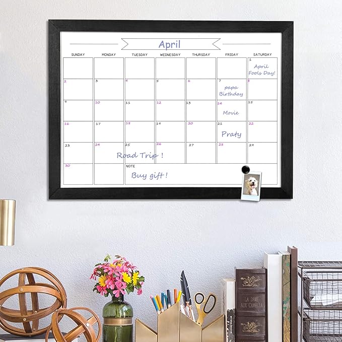 Dry Erase Monthly Calendar Whiteboard, Magnetic White Board for Wall, Hanging Board for Office, Home School, Solid Pine Wood Black Framed Message Board, 10.6"x 14.6"(YL-BK-2737-B)