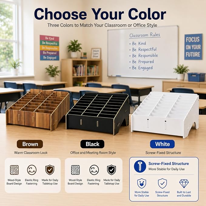 XICHENGSHIDAI 24 Slots Cell Phone Holder for Classroom, Wood-Look Phone Storage Box and Calculator Organizer for Teachers, School, Office and Meeting Room, Caddy and Ink Pad Organizer, Brown