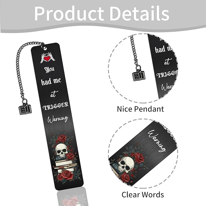 Dark Romance Merch Metal Bookmarks: Skull Rose Book Mark Clips with Charm, Enemies to Lovers Page Marker Reading Women, Bookish Gifts for Birthday Halloween School Office Supplies
