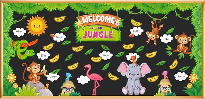 103 Pcs Jungle Bulletin Board Set Welcome to the Jungle Animal Bulletin Board Decorations Monkey Elephant Forest Cutouts Educational Classroom Wall Decorations