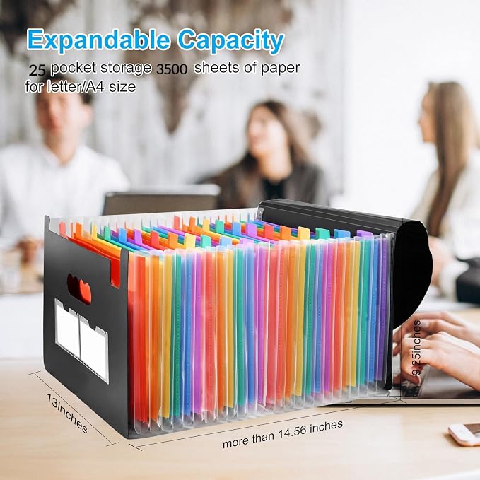 25 Pockets Accordion File Organizer Desktop Expanding File Folders with Colorful tabs for Paper Receipts, Bills&Taxes Organizer, Letter/A4 Size Document Holder for School, Office, Home