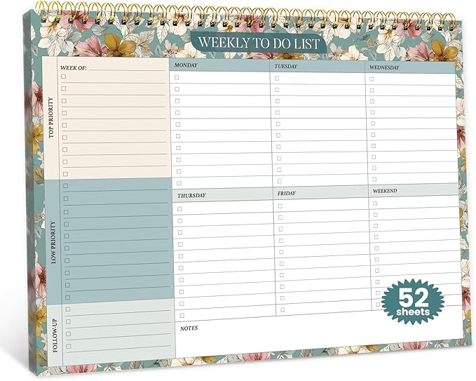 Weekly To Do List Notepad with 52 Undated Sheets（8.5"×11"）- Undated Weekly Planner Notepad for Office Desk Accessories and Supplies - Teal Petals