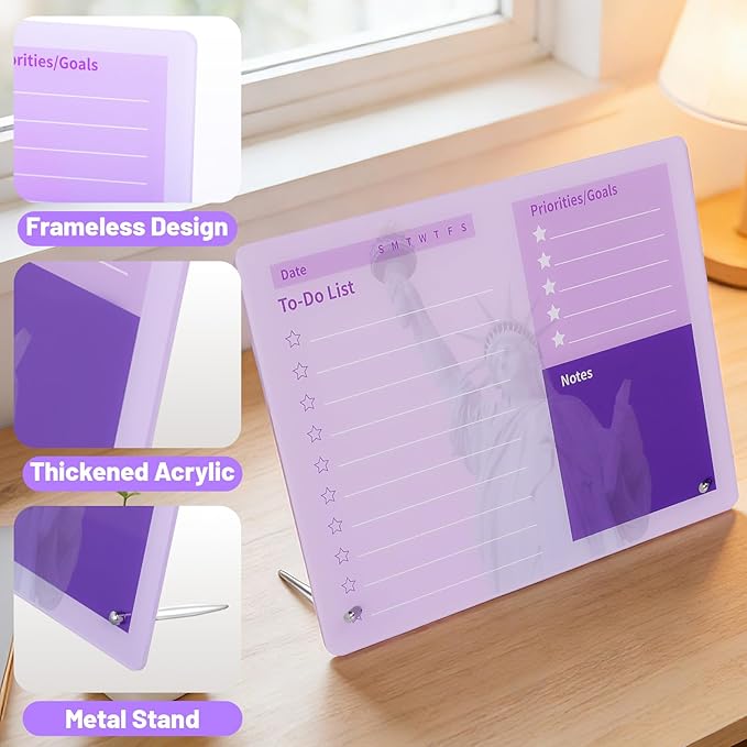 LeMotech Desktop Acrylic Dry Erase Board, 12x10 inches to-Do List Planner, Tabletop Whiteboard with Stand Office Supplies Includes 2 Markers & 1 Eraser, Purple Statue of Liberty Pattern, 2 Pack