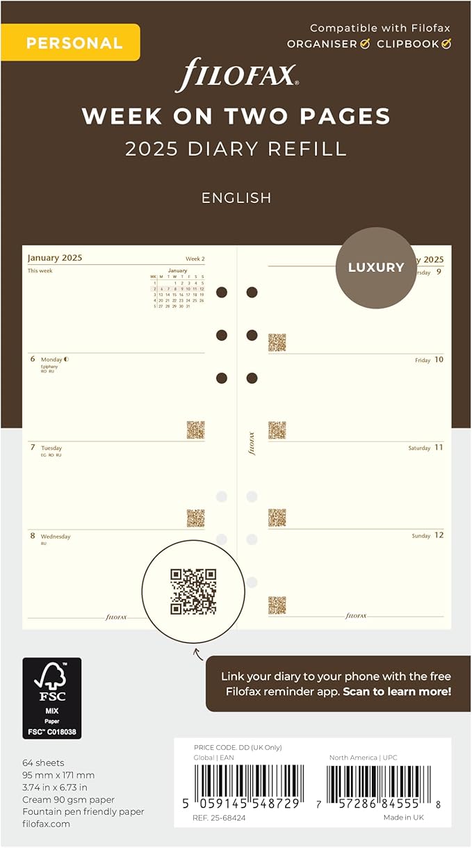 Filofax Calendar Diary Refill, Personal/Compact Size, Week-to-View, Cotton Cream Paper, Unruled, English, 2025 (C68424-25)