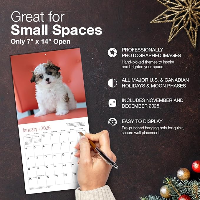 MICASA PRESS Shih Tzu Puppies 2026 Mini Wall Calendar 12 Month | 7" x 14" Open | Thick & Sturdy Paper | Giftable | Cute Puppy Dog Calendar 2026