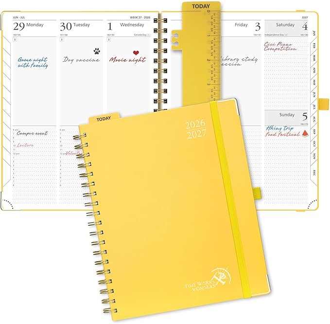 POPRUN 2026-2027 Academic Year Weekly and Monthly Planner Calendar,Jul 2026 - Jun 2027，10" x 8"， Daily Agenda Book & Appointment Book with Hourly Schedule, Tabs, Hardcover, School and Office Supplies - Light Yellow