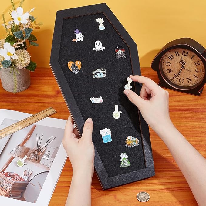 BENECREAT Coffin Pin Display Board, 15.7x7.8x0.7inch Bulletin Display Board Wall Mounted Felt Board with Black Wood Frame for Brooch Pin Display, Office Home Decor