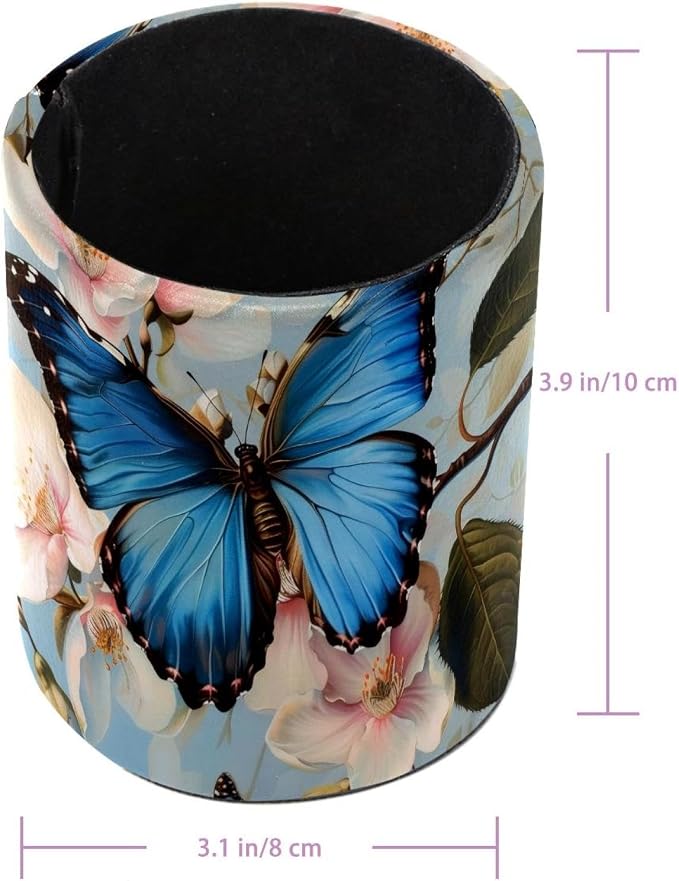 Desk Organizer Pen Holder for Desk, Blue Butterfly on Blossom Pencil Holder, Large Capacity Pen Cup Makeup Brush Holders Desktop Office Supplies Storage Organizer