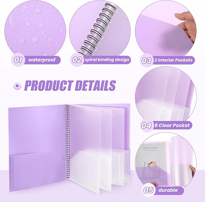 Seajan 6 Pcs 10 Pocket Folder Pastel Sturdy Plastic Spiral Portfolio Multi Pocket Folder Pink Purple Organizer Document Folders Plastic Spiral Project Organizer for School Office