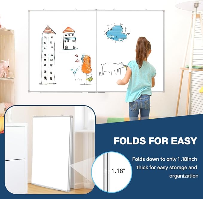 WALGLASS Large White Board Dry Erase Board, 60" x 40" Double-Sided Foldable Dry Erase Board for Wall, Magnetic Whiteboard for Office, Home, School, Kitchen