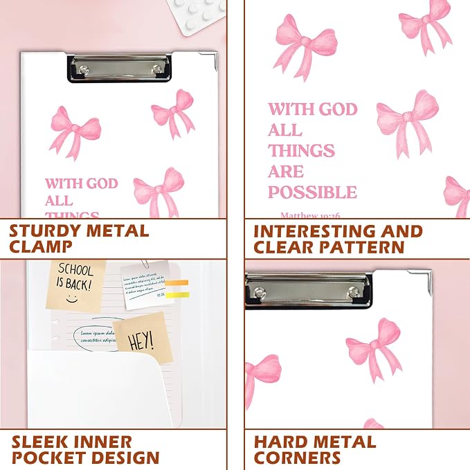 Lacama Preppy Cute Bow Bible Clipboard with Storage for Office Classroom Desk, Coquette School Supplies, with God All Things are Possible Project Folders with Metal Clip for Women, 12.4x9.25 in