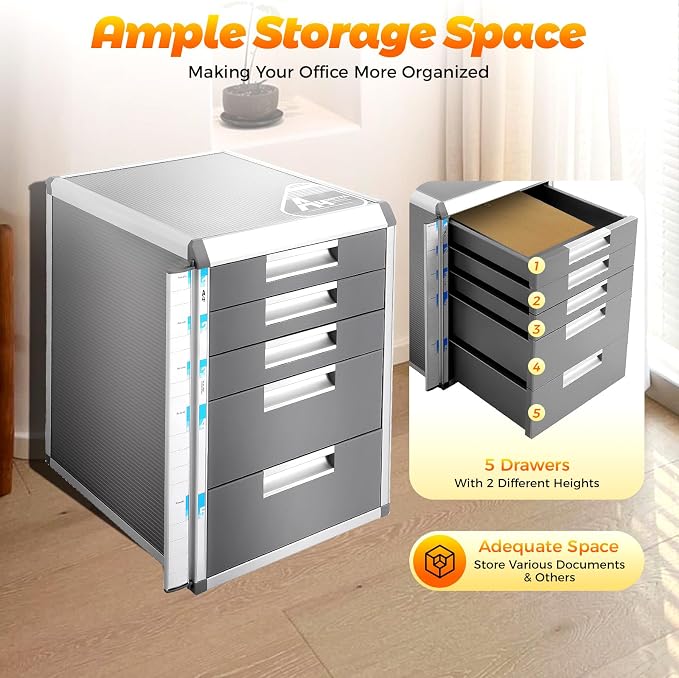File Cabinet with Drawers Office Document Storage Box Filing Organzier Lockable Desktop Drawer Organizer for Papers Mail Notebooks Stationery (5-layer)