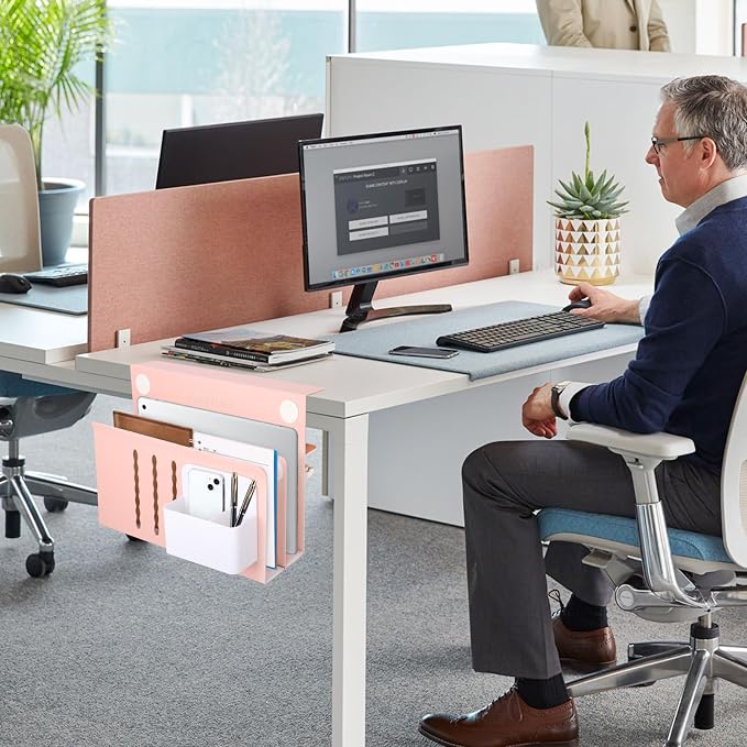 LUKETURE Desk Side Storage, 2 Tier Steel Hanging Organizer, No Drill Side Desk Organizer, Laptop Holder, with Pen Holder, Hanging Table Storage for Office Home, Fits Flat Edge Tables 0.3" to 2.8"