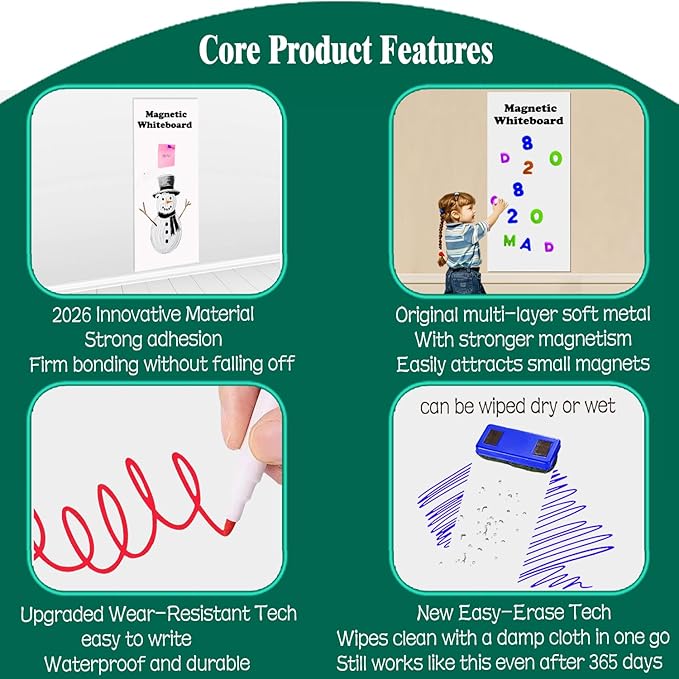2 Pcs Magnetic Dry Erase Whiteboard Contact Paper for Wall 24"x17.5" Self Adhesive White Board Sticker for Office School Peel and Stick White Board Wallpaper