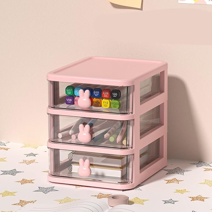 Plastic Desktop Storage Box Drawers, Stackable Desk Organizer with Bunny Handle Desktop Drawers Multi Tier for Office School(Clear) (Pink, 3 Tier(13.4x17x16cm))