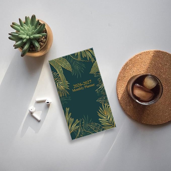 2026-2027 Mini Pocket Planner – 21-Month Pocket Calendar from April 2026 to December 2027, 3.5" x 6.5" Saddle-Stitched Monthly Calendar with Notes Pages – Compact Organizer for Purse, Office, Travel, Green Glod Leaf