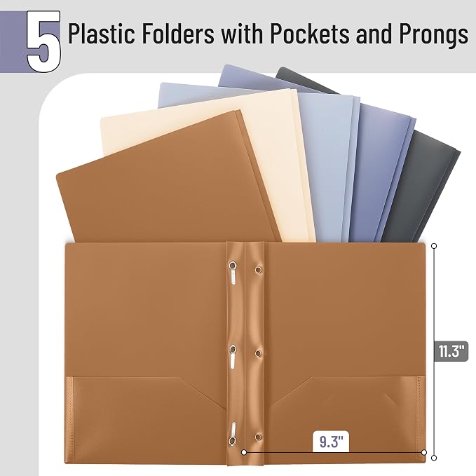 Mr. Pen- Plastic Folders with Pockets and Prongs, 5 Pack, Letter Size, Colorful, Flexible Plastic Folders with Prongs