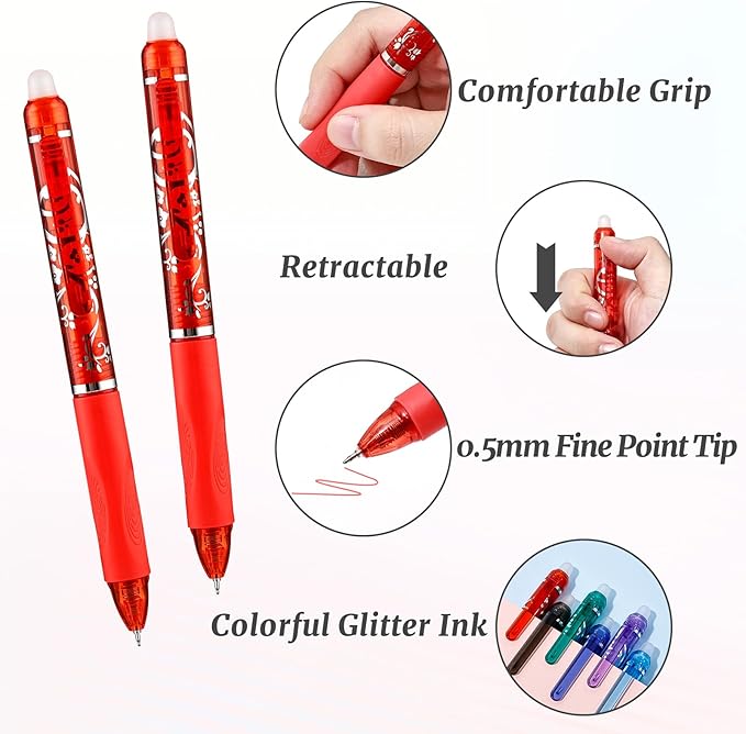 6 Pcs Retractable Erasable Pens, Colored Gel Red Ink Pens Clicker with Erasers, 0.5mm Fine Point Smooth Writing Pen for Journaling Note-Taking Crossword Puzzles Supplies (Red)