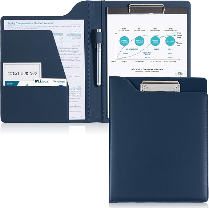 ProCase Clipboard Folder Portfolio, A4 Leather Padfolio Clipboard, Professional Business Portfolio Folder for Interview Resume Office Conference -Darkblue