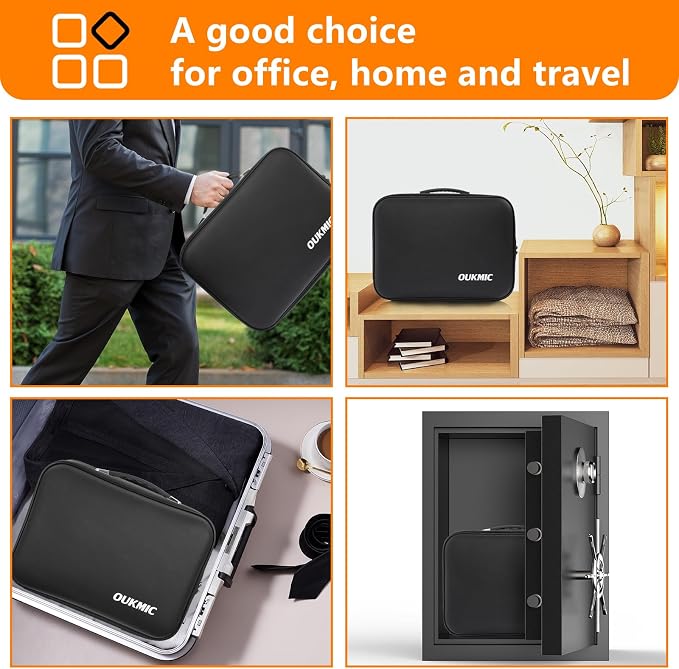 Fireproof Document Box with Lock, Hard Case Portable Water Resistant File Organizer, 16" x 12"x 6" Home Travel Office Safe Storage for Important Documents, Passports, Laptop, Black
