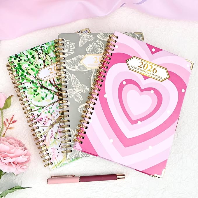 2026 Planner, Jan.2026 - Dec.2026 Planner Weekly and Monthly 6.25"x8.5" with Page Tabs, Calendar Hardcover with Inner Pocket, Elastic Band, Twin-Wire Binding, Bookmark, Pink Big Heart