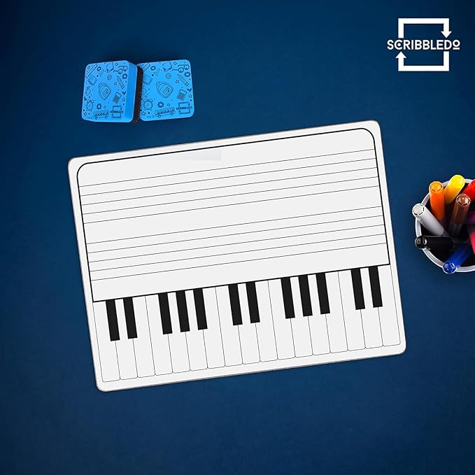 SCRIBBLEDO 10 Pack 11 x 14 Inch Piano Board Dry Erase White Boards Keyboard Double Sided Music Staff whiteboard for Kids Students, Musicians Music Class Supplies. (10 Erasers Included)