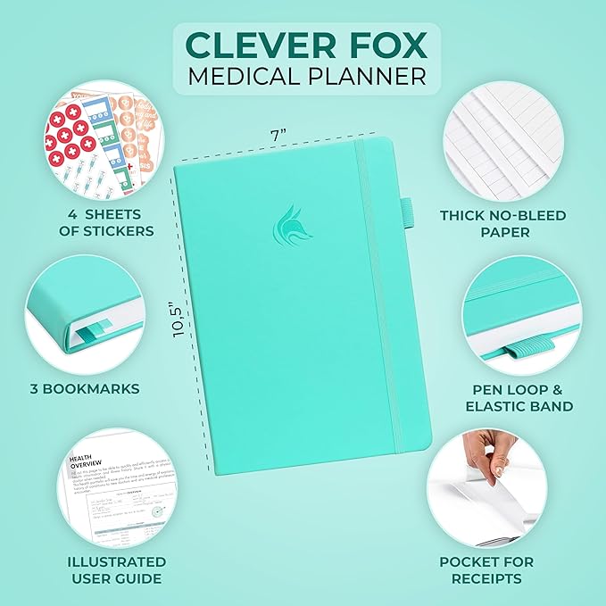 Clever Fox Large Medical Planner 12-Month – Medical Notebook, Health Diary, Wellness Journal to Track Health – 12 Months, 7x10.5″ (Light Turquoise)