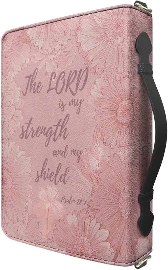 Pink Bible Cases for Girls, Medium Bible Bag with Strap and Handle, Psalm 28:7 Floral Print PU Leather Book Protecto with Inner Pockets and Pen Loop, Biblia Study Supplies for Girls