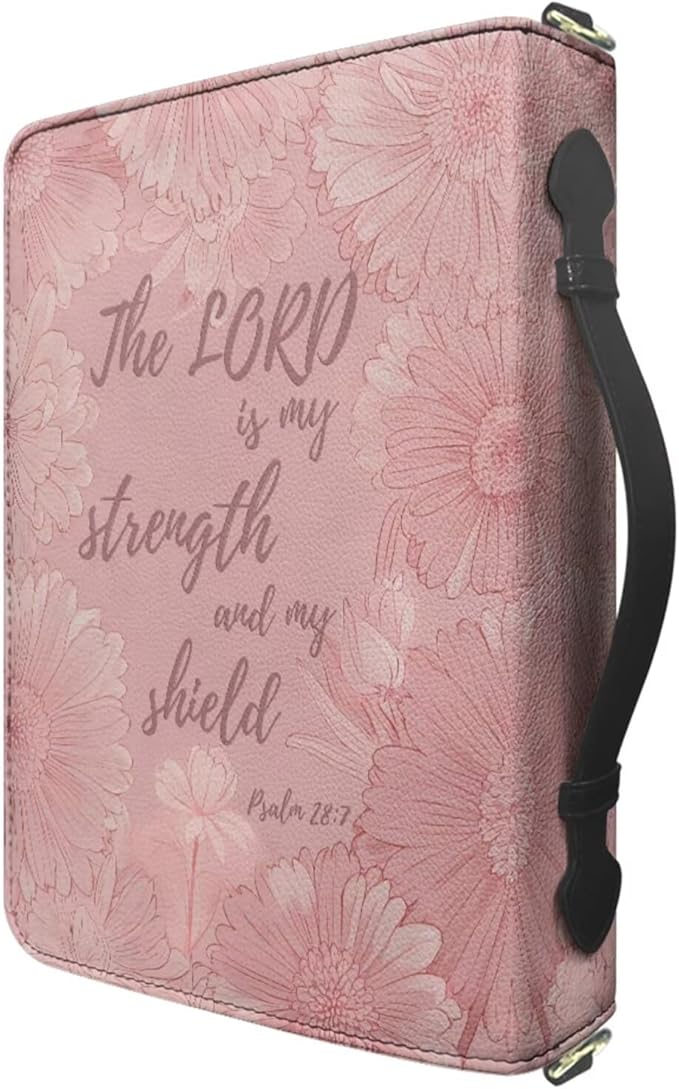 Extra Large Bible Bags for Women, Pink Bible Carrying Case with Strap and Handle, Psalm 28:7 Floral Print PU Leather Book Holder with Inner Pockets and Pen Loop, Biblia Accessories Women