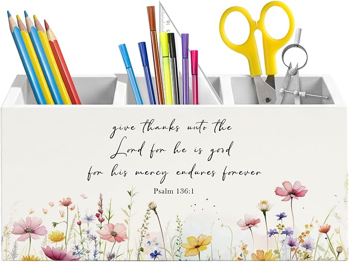 Wildflower Bible Verse Pen Holder for Desk, Christian Gifts for Women, Give thanks to the Lord Christian Wooden Box Pencil Pen Organizer for Home Office Desk Tabletop