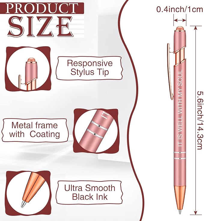 Zonon 12 Pcs Inspirational Pens Gift Set Funny Ballpoint Pen with Stylus Tip Motivational Graduation Gifts Bulk for Teacher Coworkers Nurse School Office Supplies(Rose Gold,Bible Style)